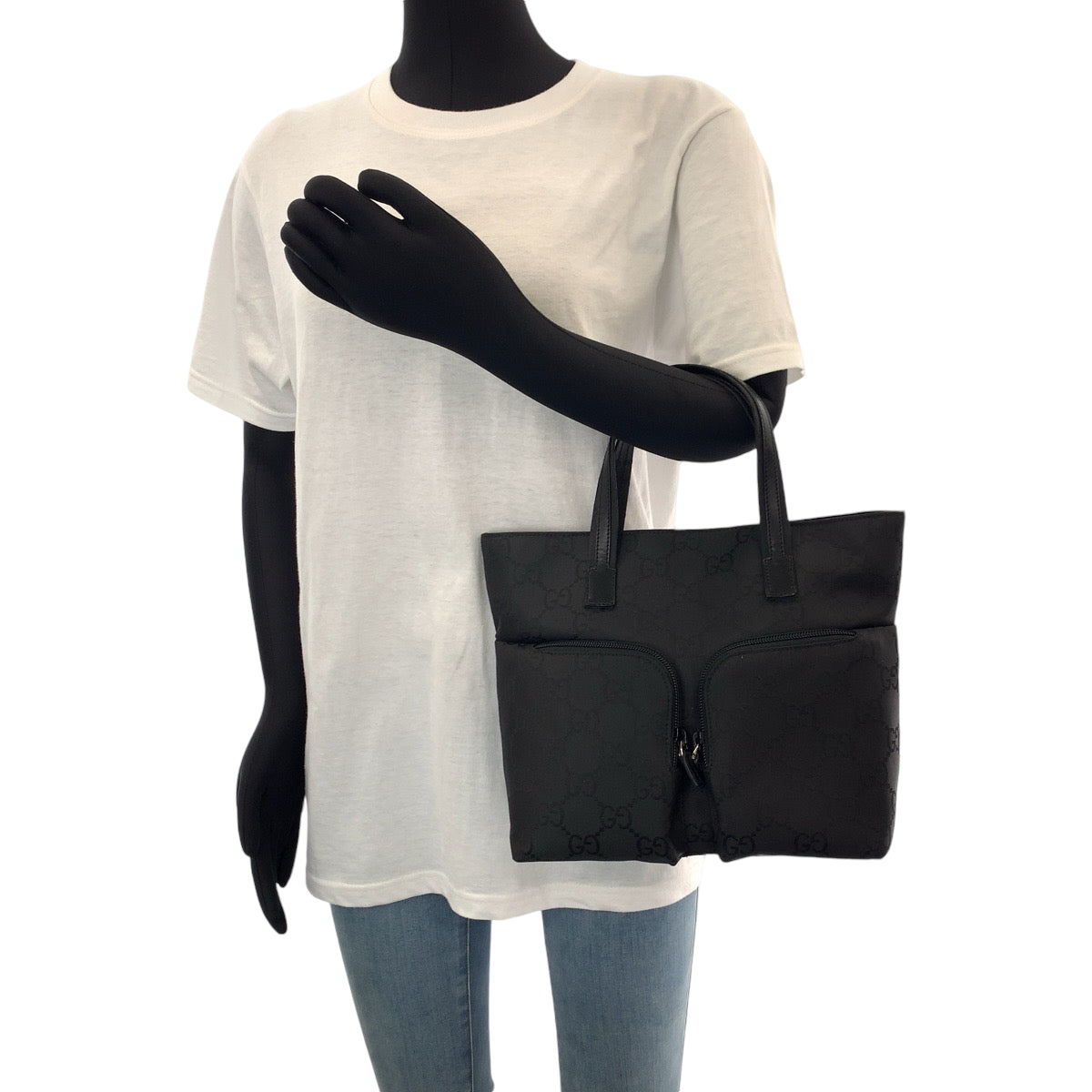 13831
GUCCI グッチ Wポケット ブラック 黒 シルバー金具 GGキャンバス 105650 トートバッグ ハンドバッグ  レディース