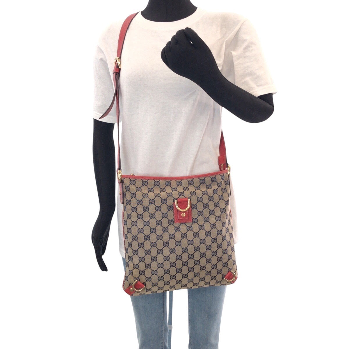 14289
GUCCI グッチ アビー ネイビー レッド ゴールド金具 GGキャンバス / レザー 131326 斜め掛け シャルダーバッグ  レディース
