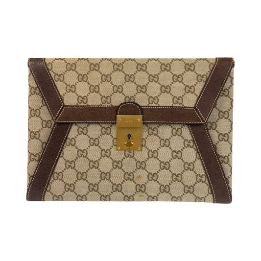14297
GUCCI グッチ ブラウン ゴールド金具 GGキャンバス / レザー クラッチバッグ  レディース