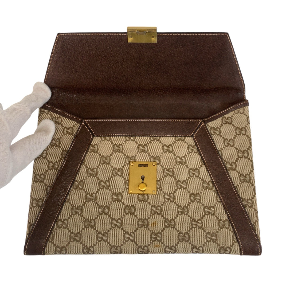 14297
GUCCI グッチ ブラウン ゴールド金具 GGキャンバス / レザー クラッチバッグ  レディース