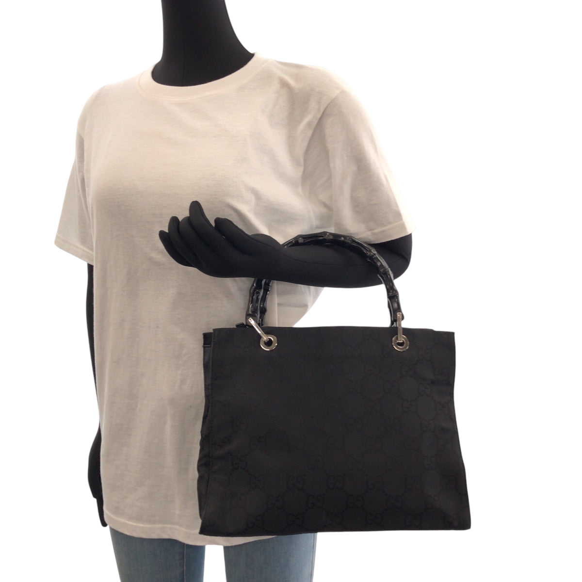 14298
GUCCI グッチ バンブー ブラック 黒 シルバー金具 GGキャンバス 002 1015 トートバッグ ハンドバッグ  レディース