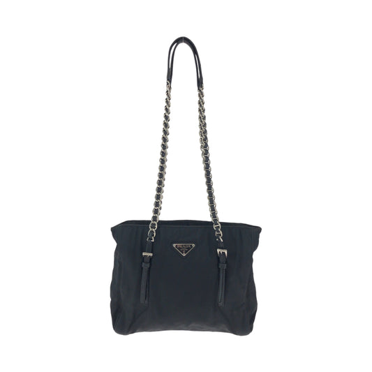 14300
PRADA プラダ ヴィンテージ テスート 三角ロゴプレート ブラック 黒 シルバー金具 ナイロン B7222 チェーンショルダーバッグ トートバッグ  レディース