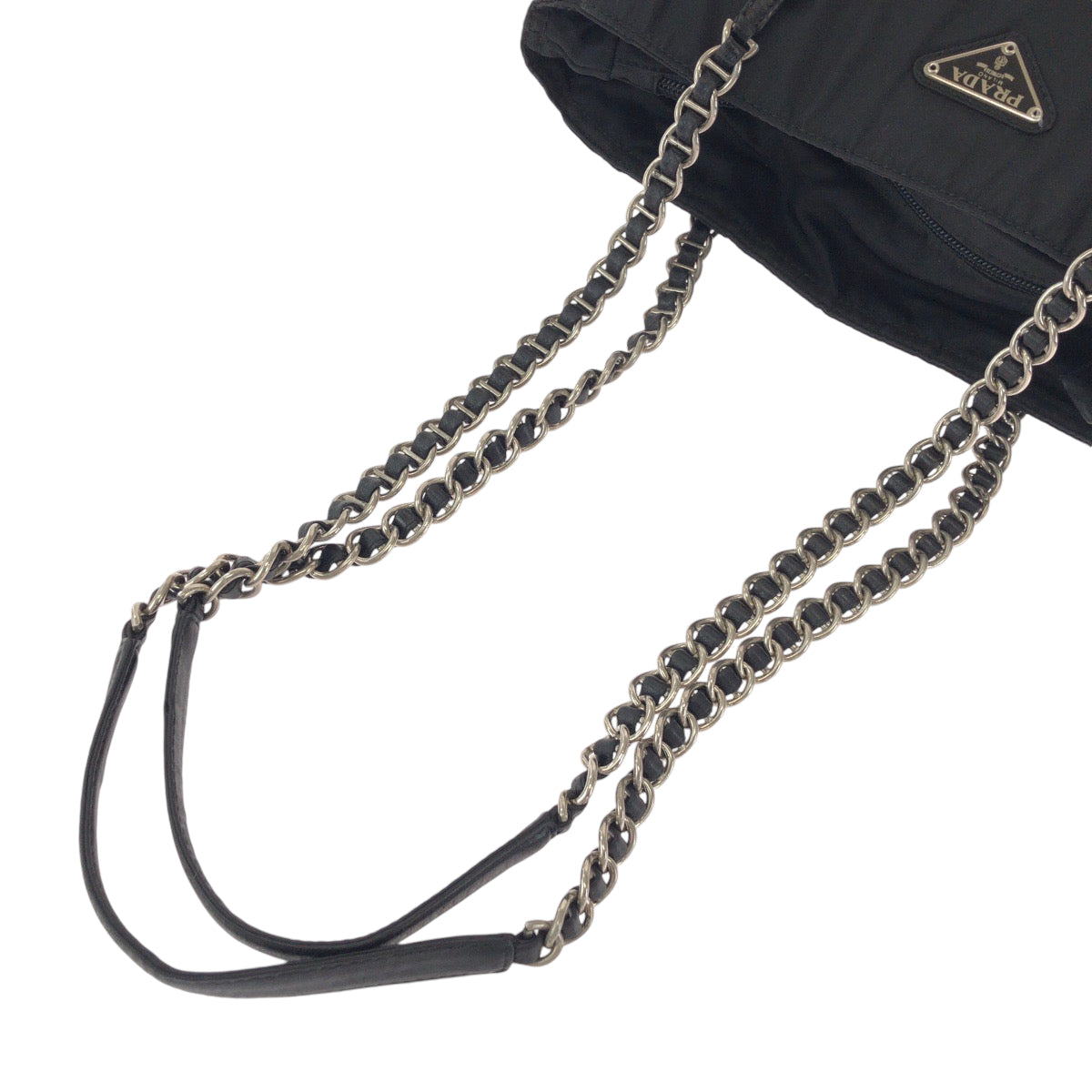 14300
PRADA プラダ ヴィンテージ テスート 三角ロゴプレート ブラック 黒 シルバー金具 ナイロン B7222 チェーンショルダーバッグ トートバッグ  レディース