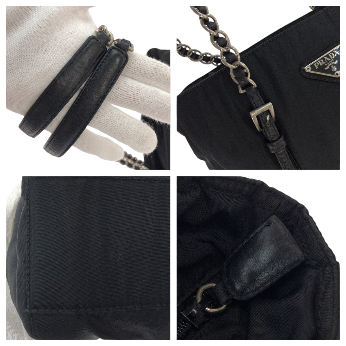 14300
PRADA プラダ ヴィンテージ テスート 三角ロゴプレート ブラック 黒 シルバー金具 ナイロン B7222 チェーンショルダーバッグ トートバッグ  レディース