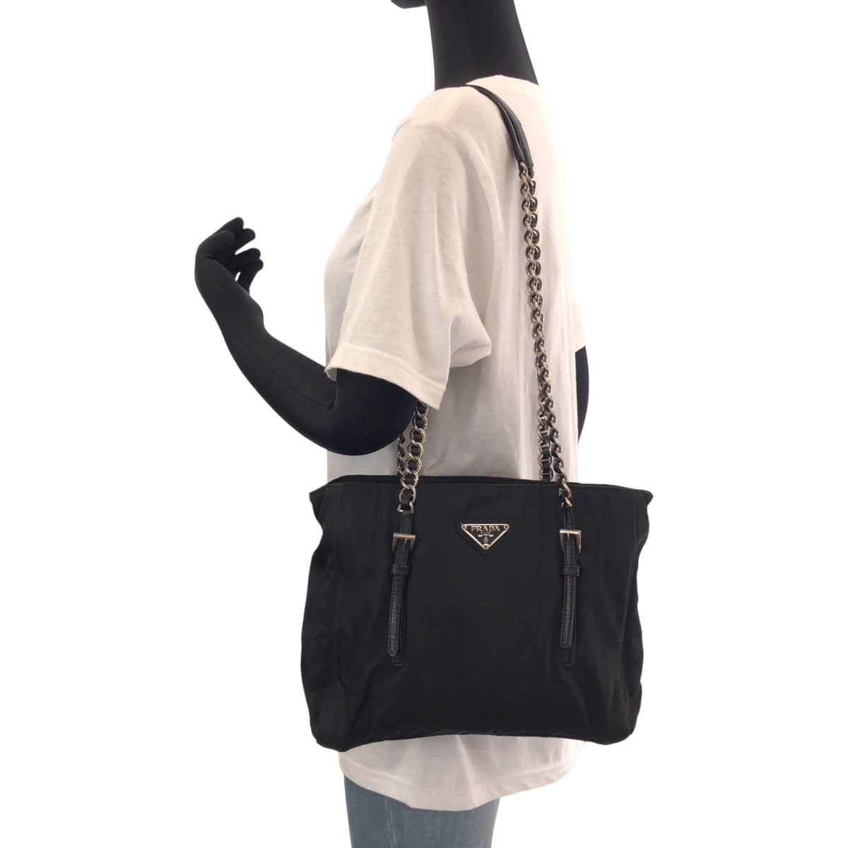 14300
PRADA プラダ ヴィンテージ テスート 三角ロゴプレート ブラック 黒 シルバー金具 ナイロン B7222 チェーンショルダーバッグ トートバッグ  レディース