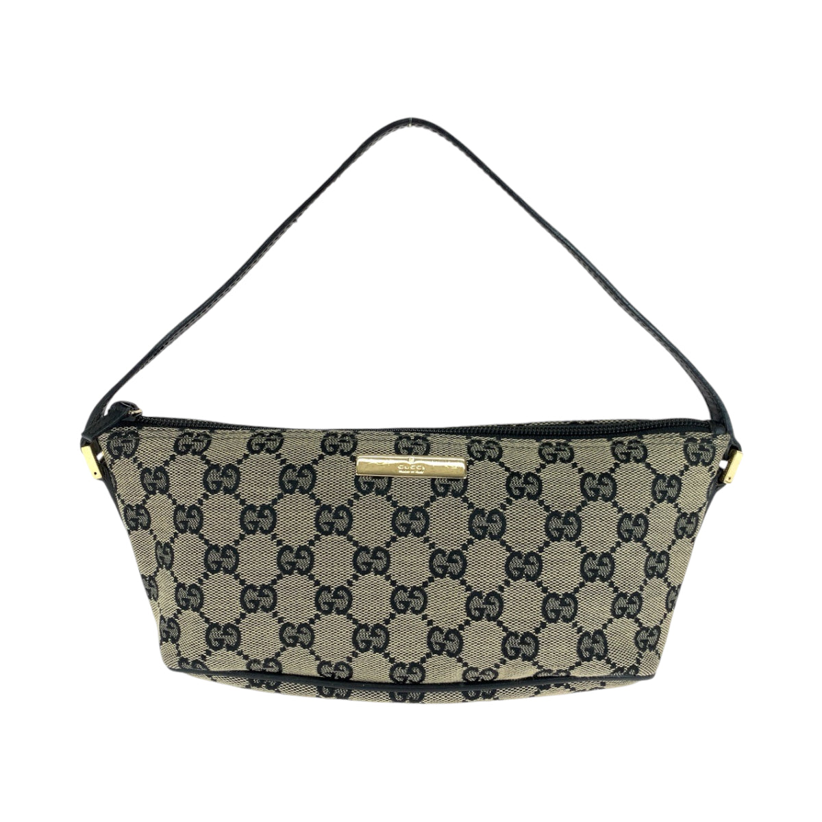 14302
GUCCI グッチ ベージュ ブラック ゴールド金具 GGキャンバス ハンドバッグ アクセサリーポーチ  レディース