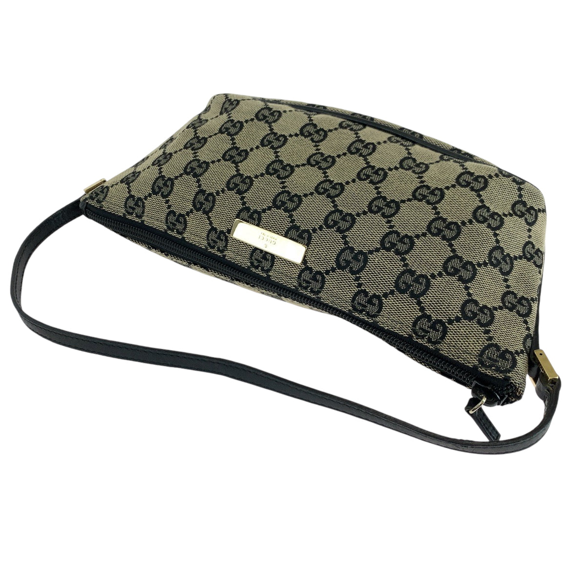 14302
GUCCI グッチ ベージュ ブラック ゴールド金具 GGキャンバス ハンドバッグ アクセサリーポーチ  レディース