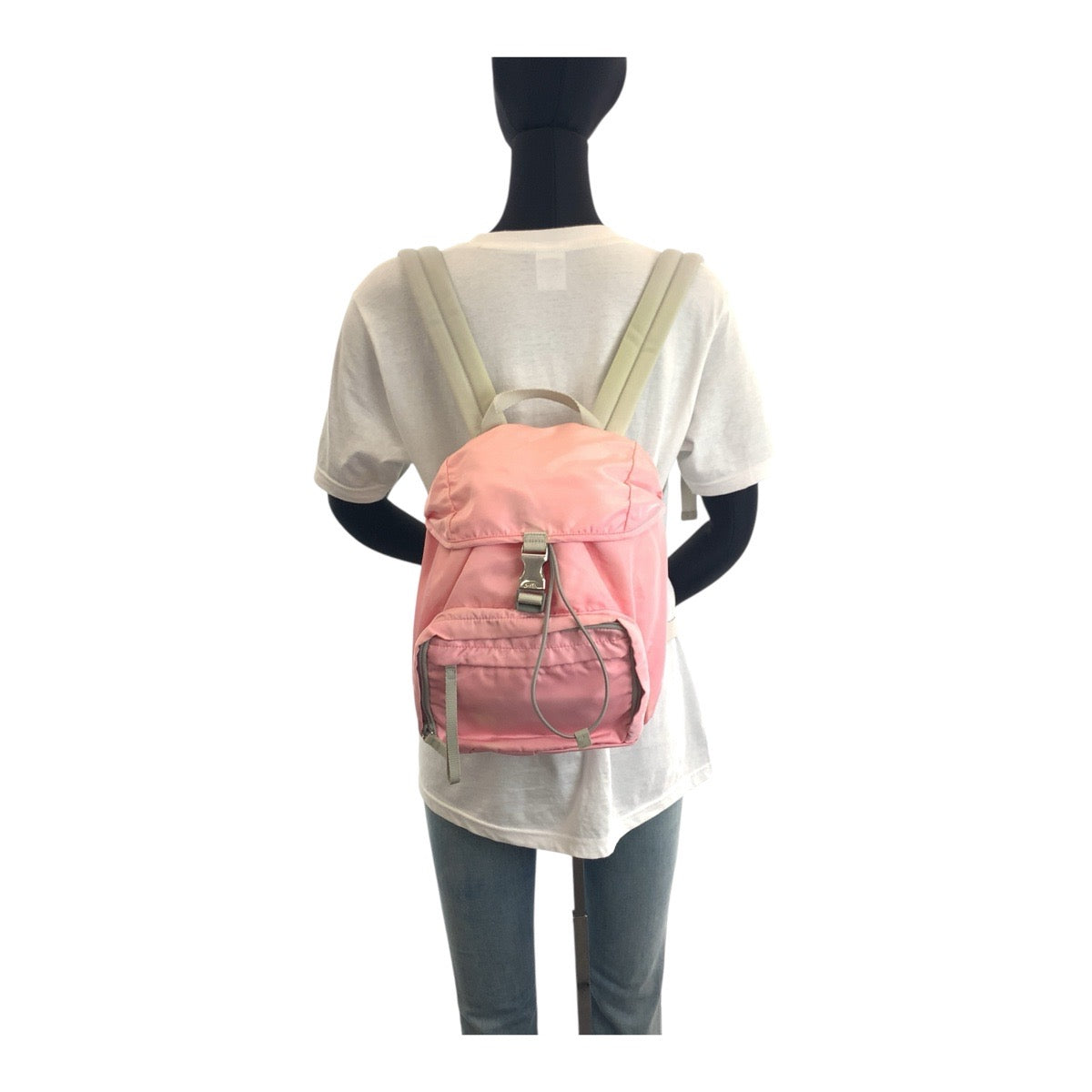 13844
PRADA プラダ テスート 三角ロゴプレート ピンク グレー シルバー金具 ナイロン バックパック リュック  キッズ