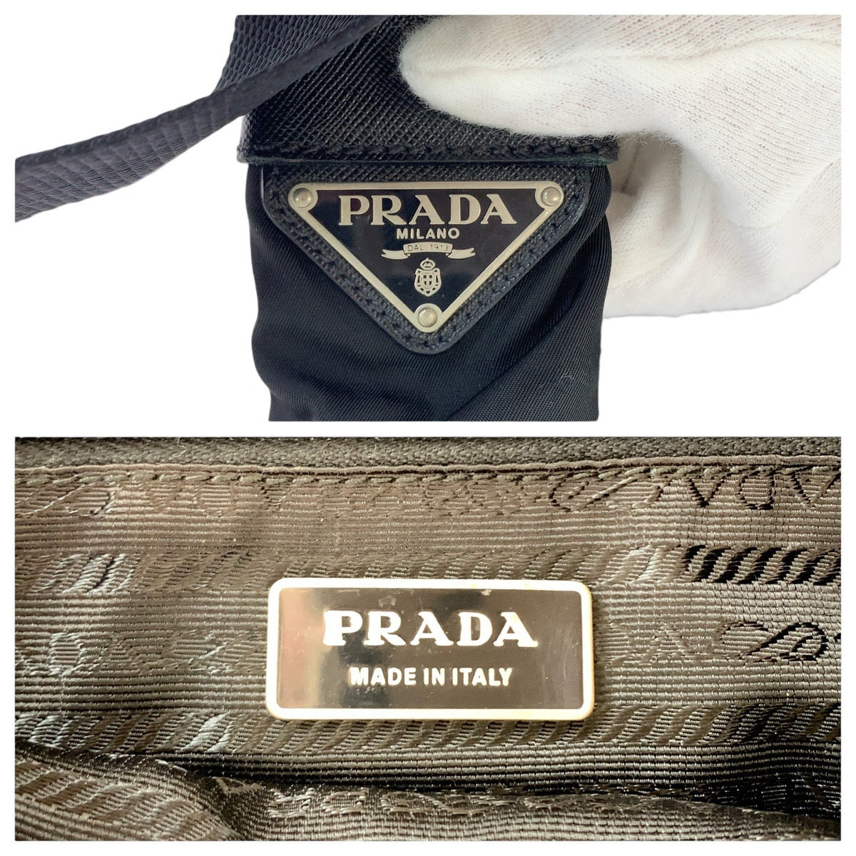 13847
PRADA プラダ テスート 三角ロゴプレート ブラック 黒 シルバー金具 ナイロン / レザー ショルダーバッグ ポシェット 男女兼用  レディース