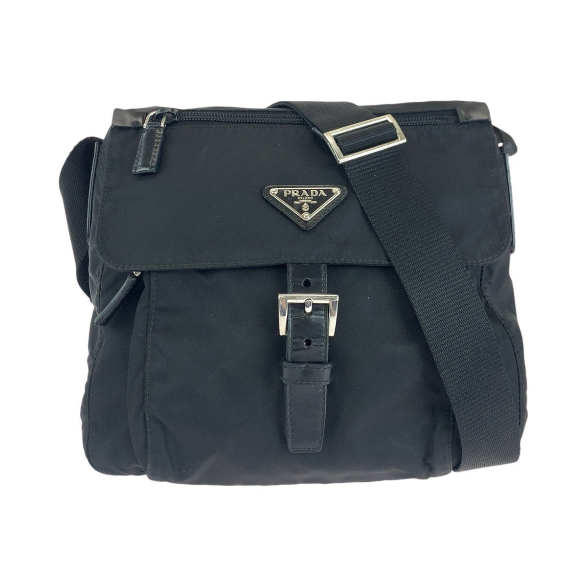 14316
PRADA プラダ テスート 三角ロゴプレート ブラック 黒 シルバー金具 ナイロン / レザー ショルダーバッグ ポシェット  レディース