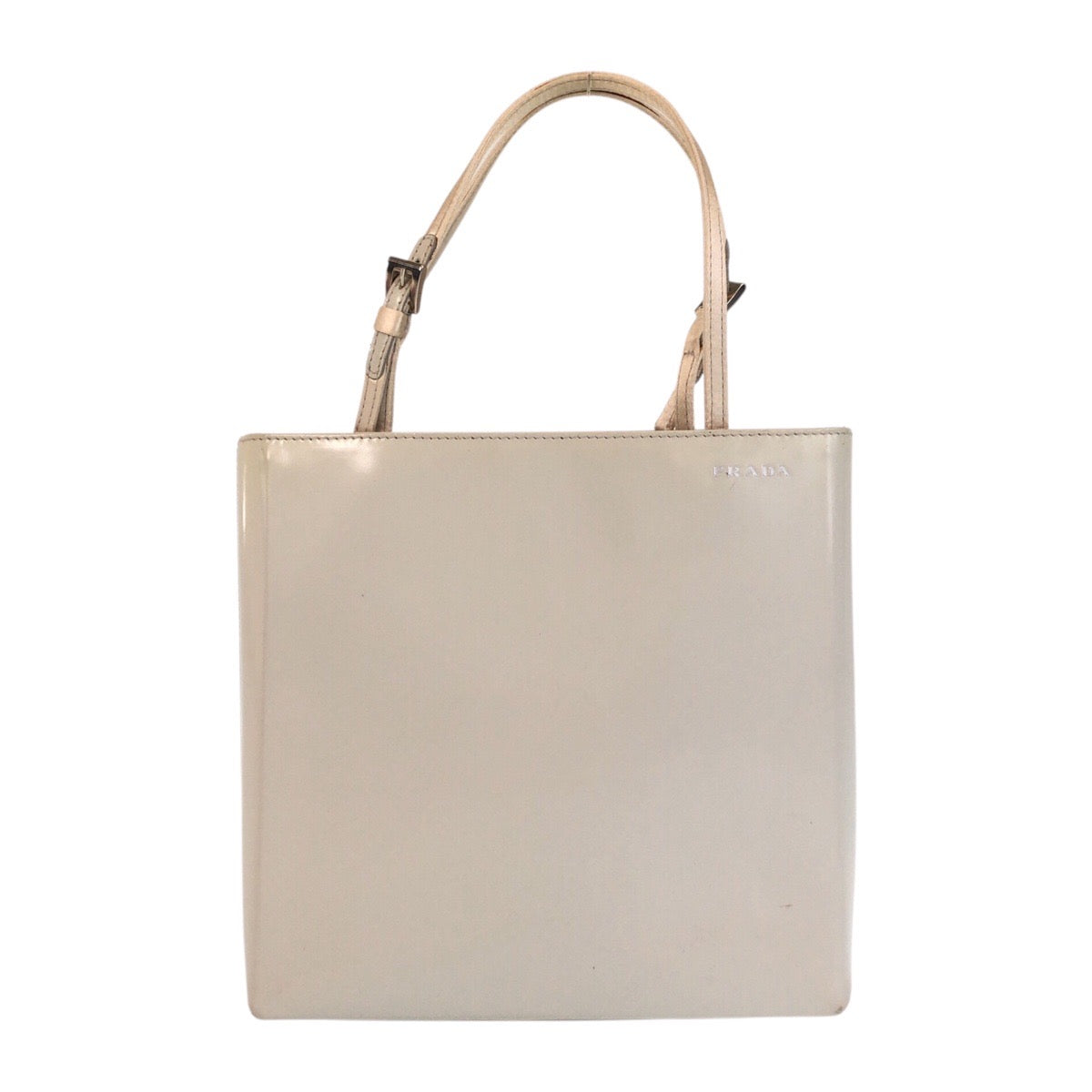 13851
PRADA プラダ ロゴ ホワイト シルバー金具 パテントレザー ハンドバッグ トートバッグ  レディース