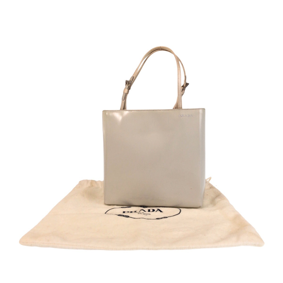 13851
PRADA プラダ ロゴ ホワイト シルバー金具 パテントレザー ハンドバッグ トートバッグ  レディース
