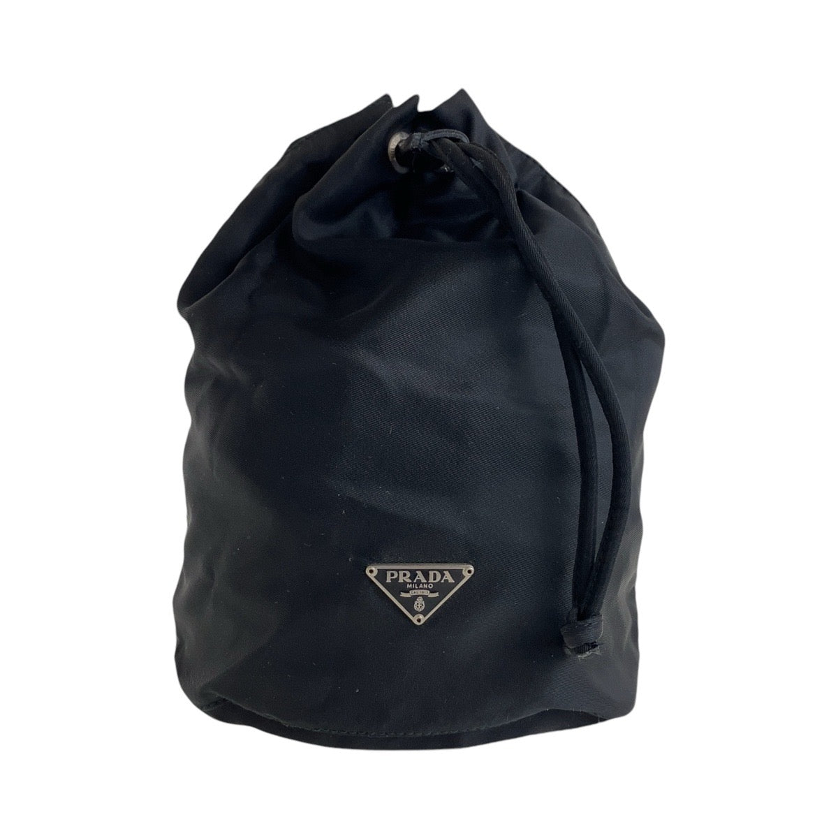 PRADA Tessuto Triangle Logo Plate Black Silver Hardware Nylon Pouch Drawstring Pouch Women's