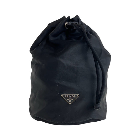 PRADA Tessuto Triangle Logo Plate Black Silver Hardware Nylon Pouch Drawstring Pouch Women's