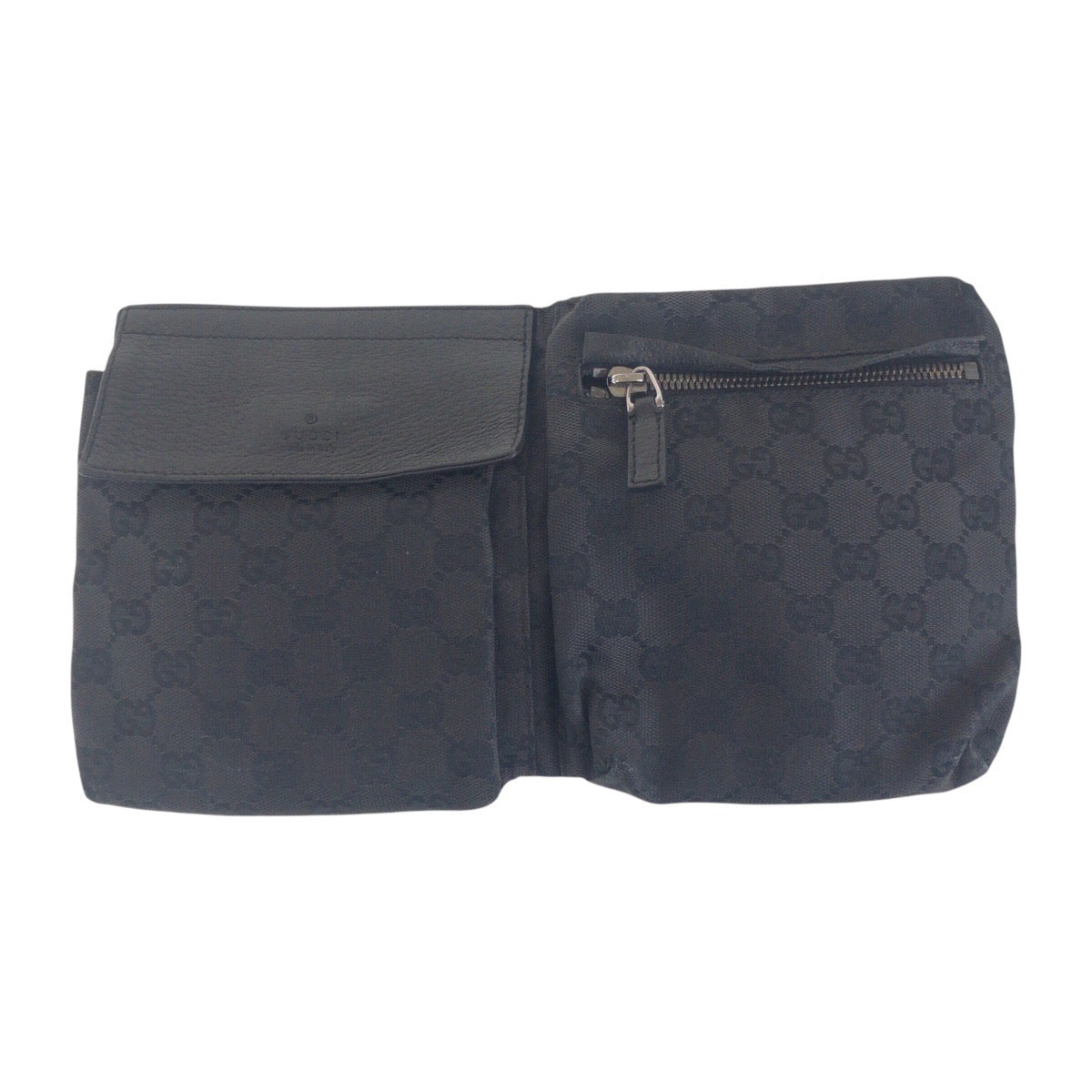14323
GUCCI グッチ ブラック 黒 シルバー金具 GGキャンバス / レザー 23566 ボディバッグ ウエストポーチ バムバッグ  メンズ