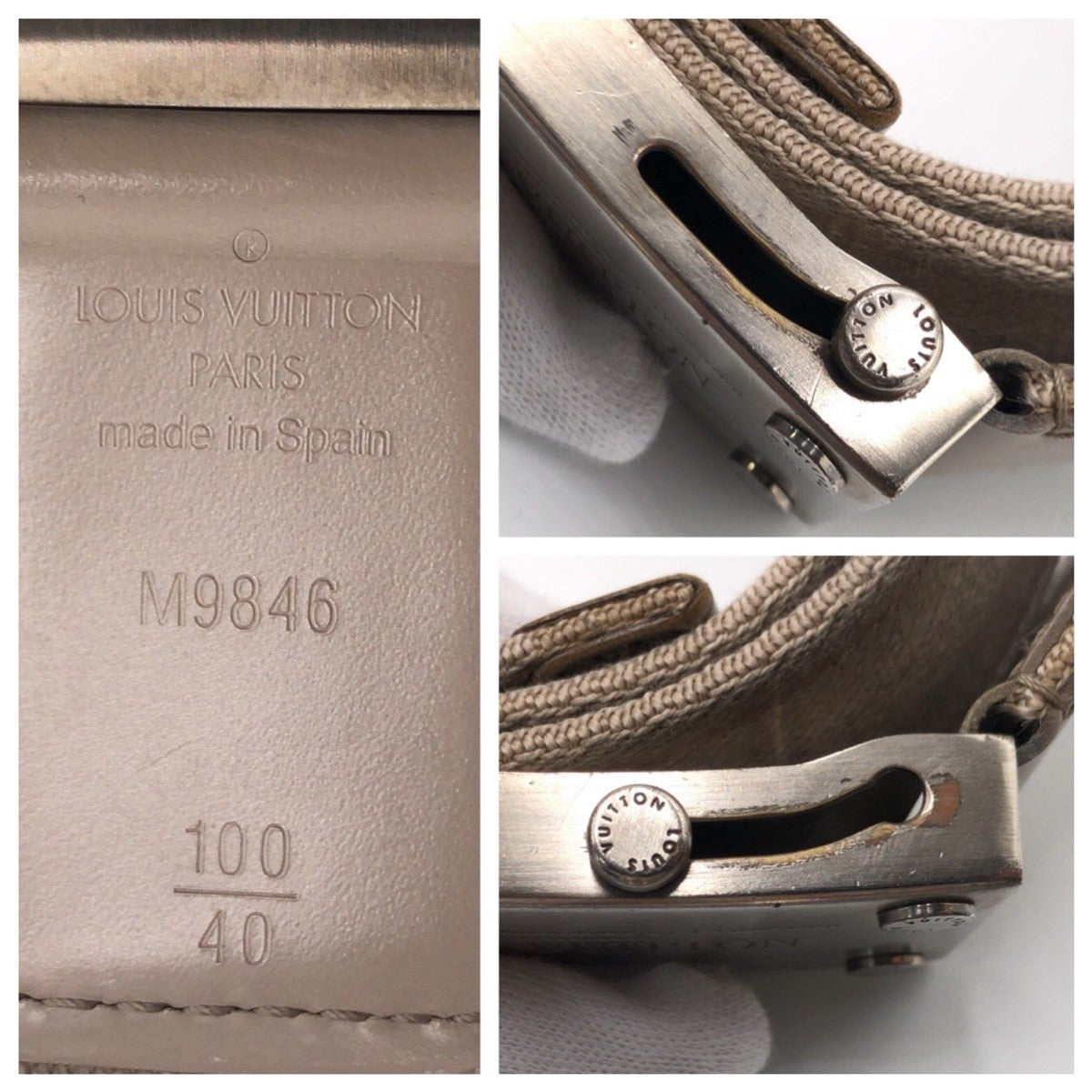 LOUIS VUITTON ルイヴィトン サンチュールベンガル ベージュ ブラウン シルバー コットン / メタル M9846 ガチャベルト ベルト  メンズ