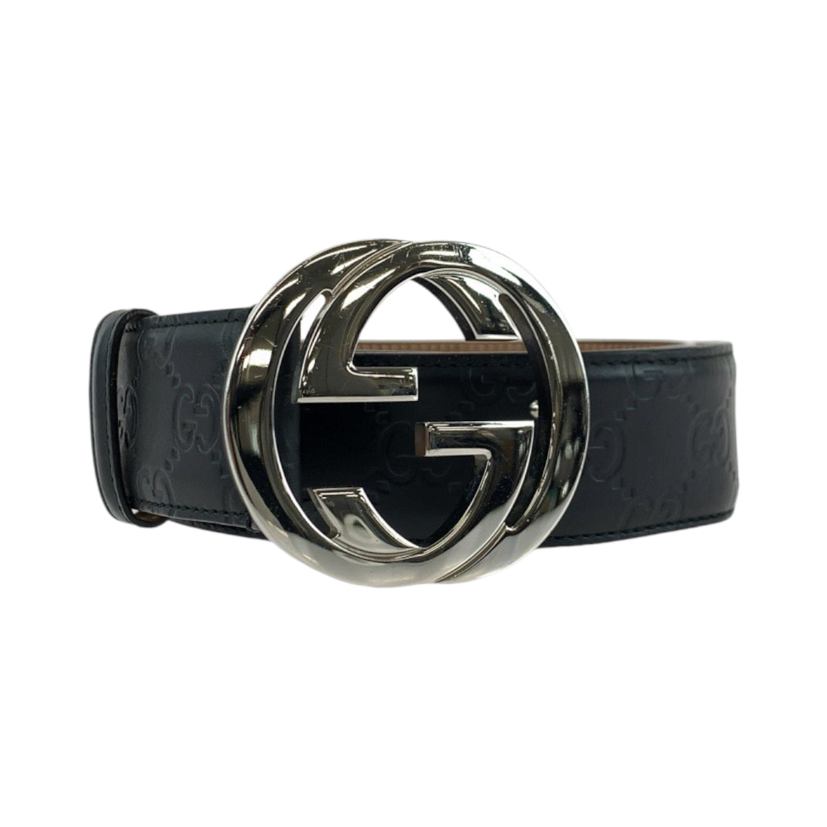 13854
GUCCI グッチ インターロッキング 80cm/32inc ブラック 黒 シルバー金具 レザー 411924 ベルト バックル  メンズ