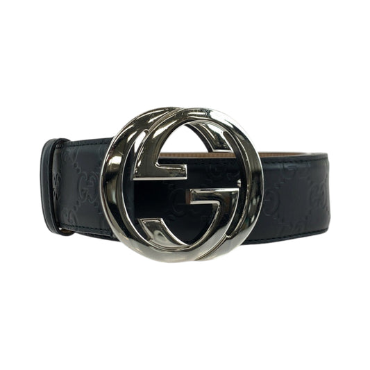 13854
GUCCI グッチ インターロッキング 80cm/32inc ブラック 黒 シルバー金具 レザー 411924 ベルト バックル  メンズ