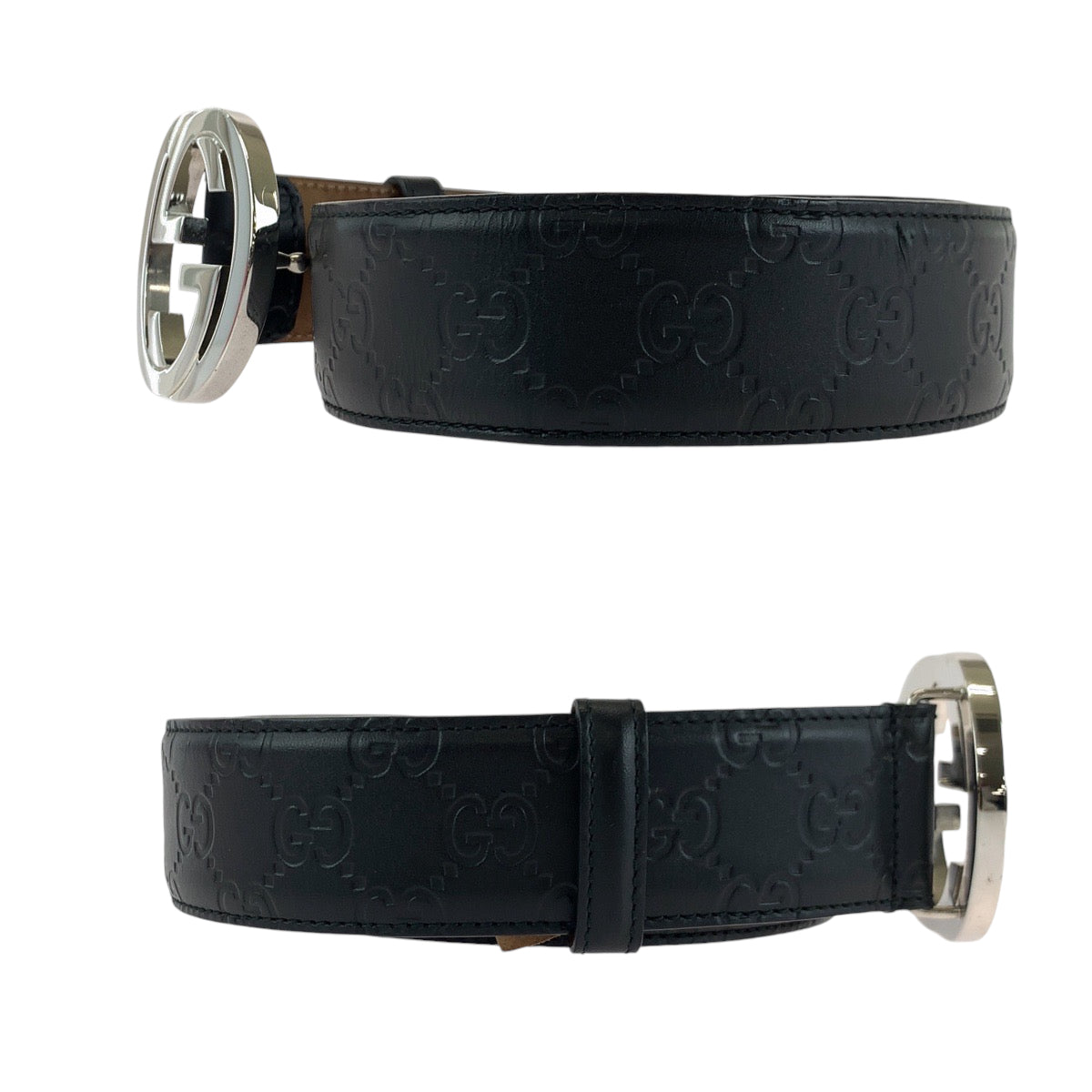 13854
GUCCI グッチ インターロッキング 80cm/32inc ブラック 黒 シルバー金具 レザー 411924 ベルト バックル  メンズ