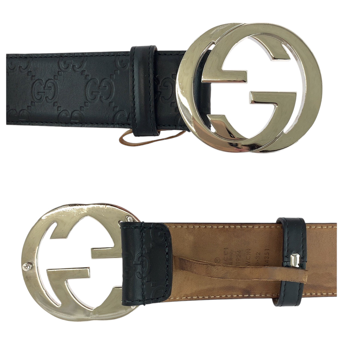 13854
GUCCI グッチ インターロッキング 80cm/32inc ブラック 黒 シルバー金具 レザー 411924 ベルト バックル  メンズ