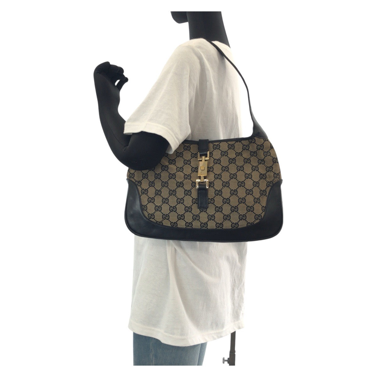 14328
GUCCI グッチ ジャッキー ホーボー ブラック 黒 ゴールド金具 GGキャンバス / レザー 001 3306 ショルダーバッグ  レディース