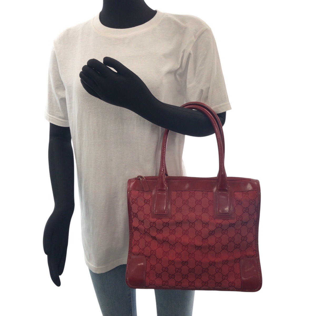 13856
GUCCI グッチ レッド ゴールド金具 GGキャンバス / エナメル トートバッグ ハンドバッグ  レディース