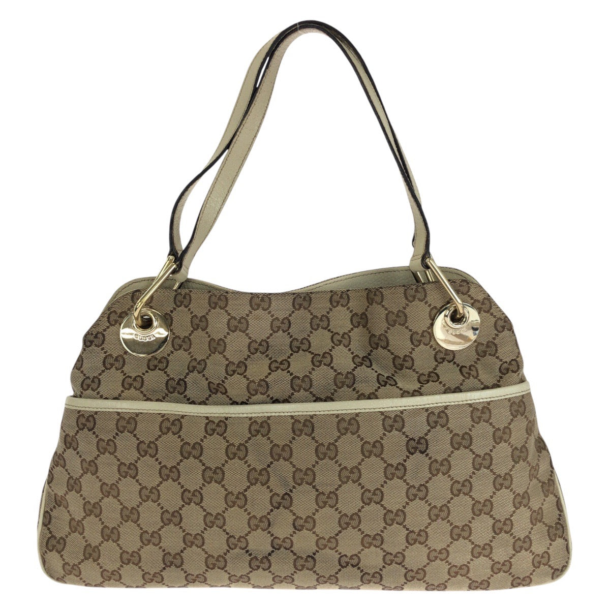 14331
GUCCI グッチ ブラウン ホワイト ゴールド金具 GGキャンバス / レザー 121023 トートバッグ ショルダーバッグ  レディース