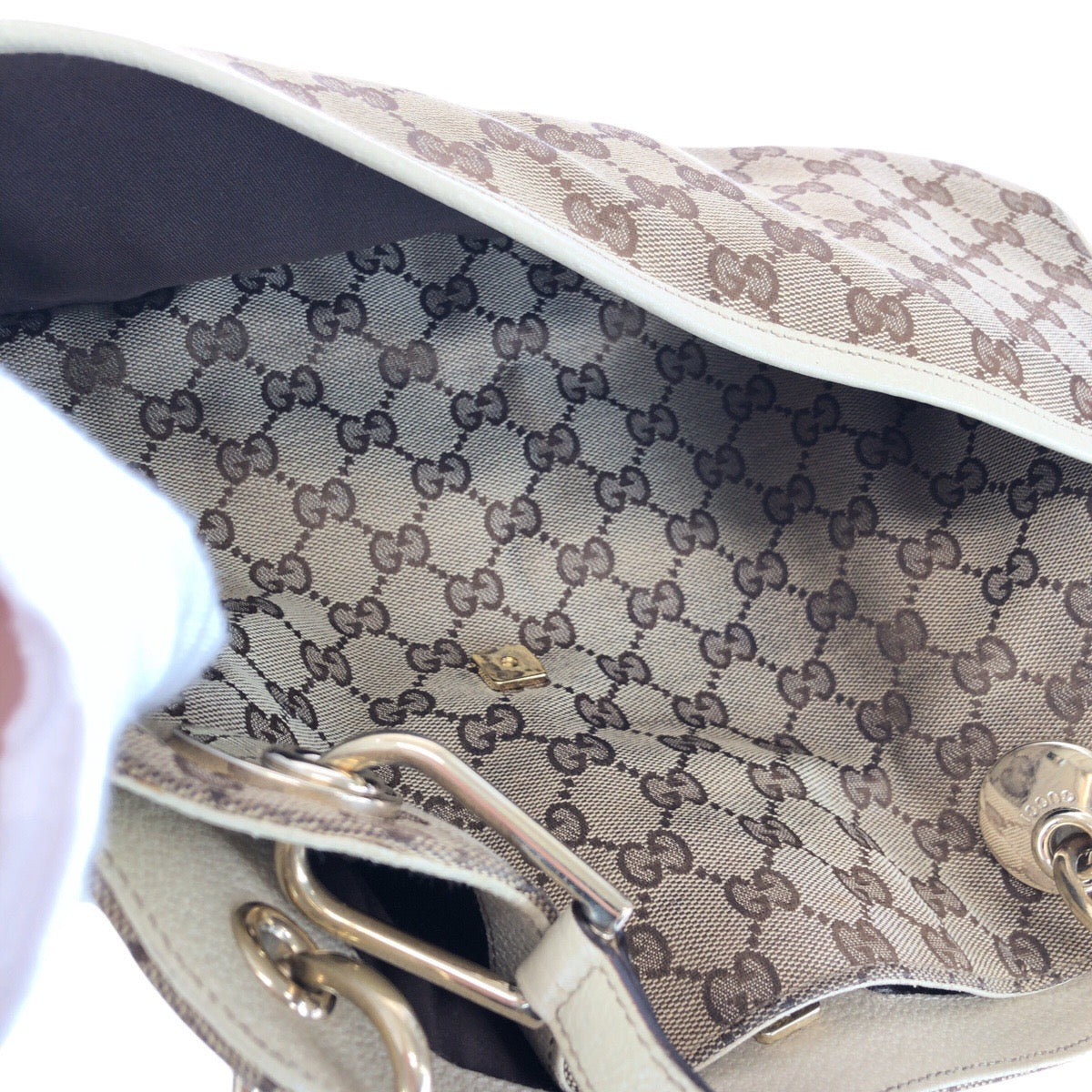14331
GUCCI グッチ ブラウン ホワイト ゴールド金具 GGキャンバス / レザー 121023 トートバッグ ショルダーバッグ  レディース