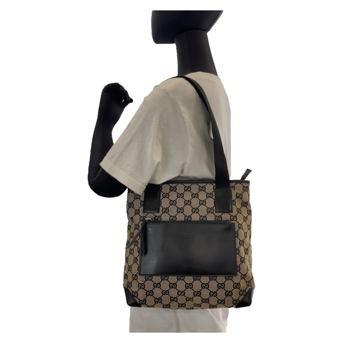 14333
GUCCI グッチ ブラック 黒 グレー GGキャンバス / レザー 190402 トートバッグ ショルダーバッグ  レディース