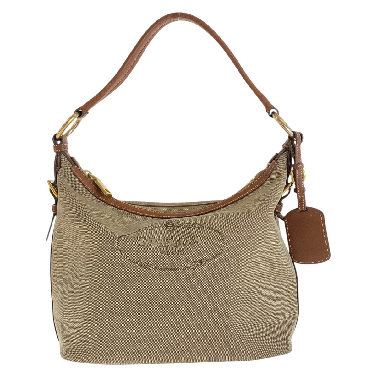 14340
PRADA プラダ ロゴジャガード ベージュ ブラウン ゴールド金具 キャンバス / レザー ショルダーバッグ ホーボー  レディース