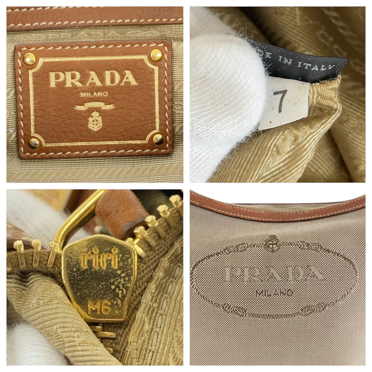 14340
PRADA プラダ ロゴジャガード ベージュ ブラウン ゴールド金具 キャンバス / レザー ショルダーバッグ ホーボー  レディース