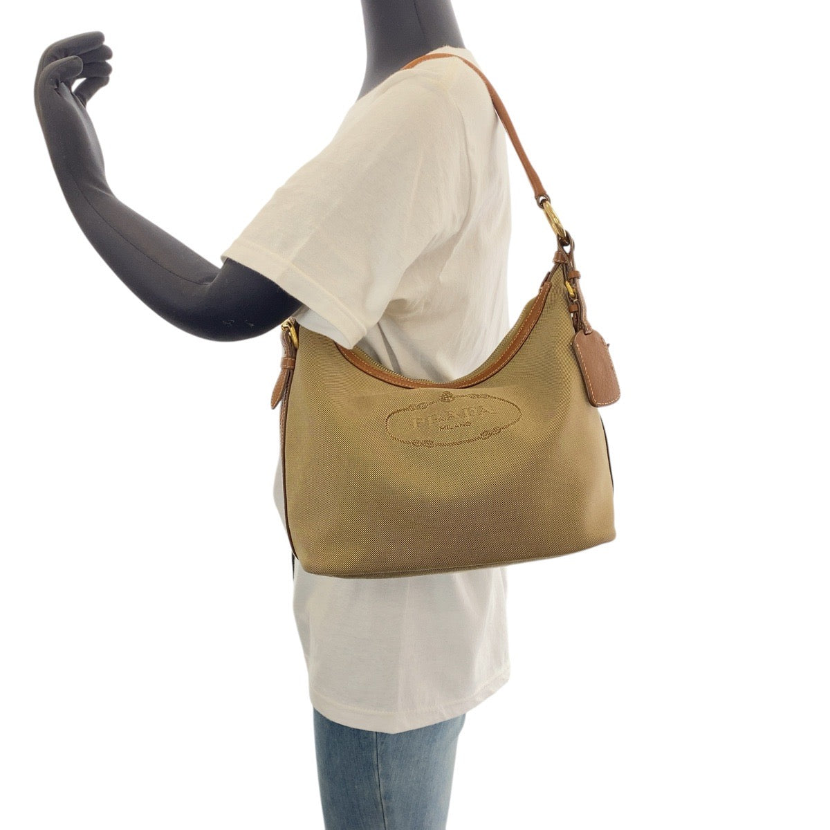 14340
PRADA プラダ ロゴジャガード ベージュ ブラウン ゴールド金具 キャンバス / レザー ショルダーバッグ ホーボー  レディース