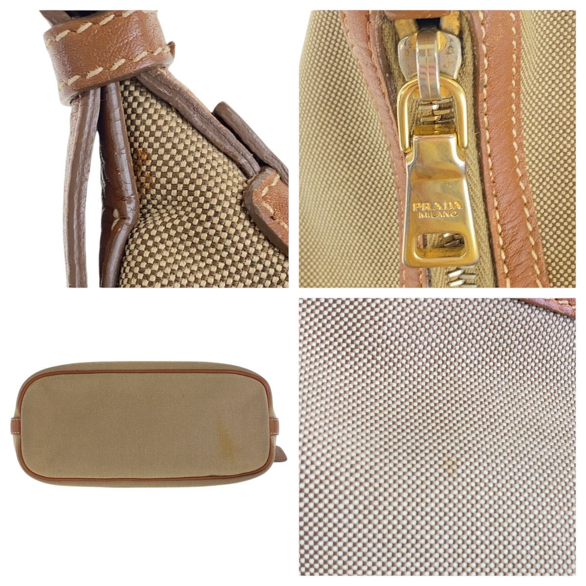 14340
PRADA プラダ ロゴジャガード ベージュ ブラウン ゴールド金具 キャンバス / レザー ショルダーバッグ ホーボー  レディース