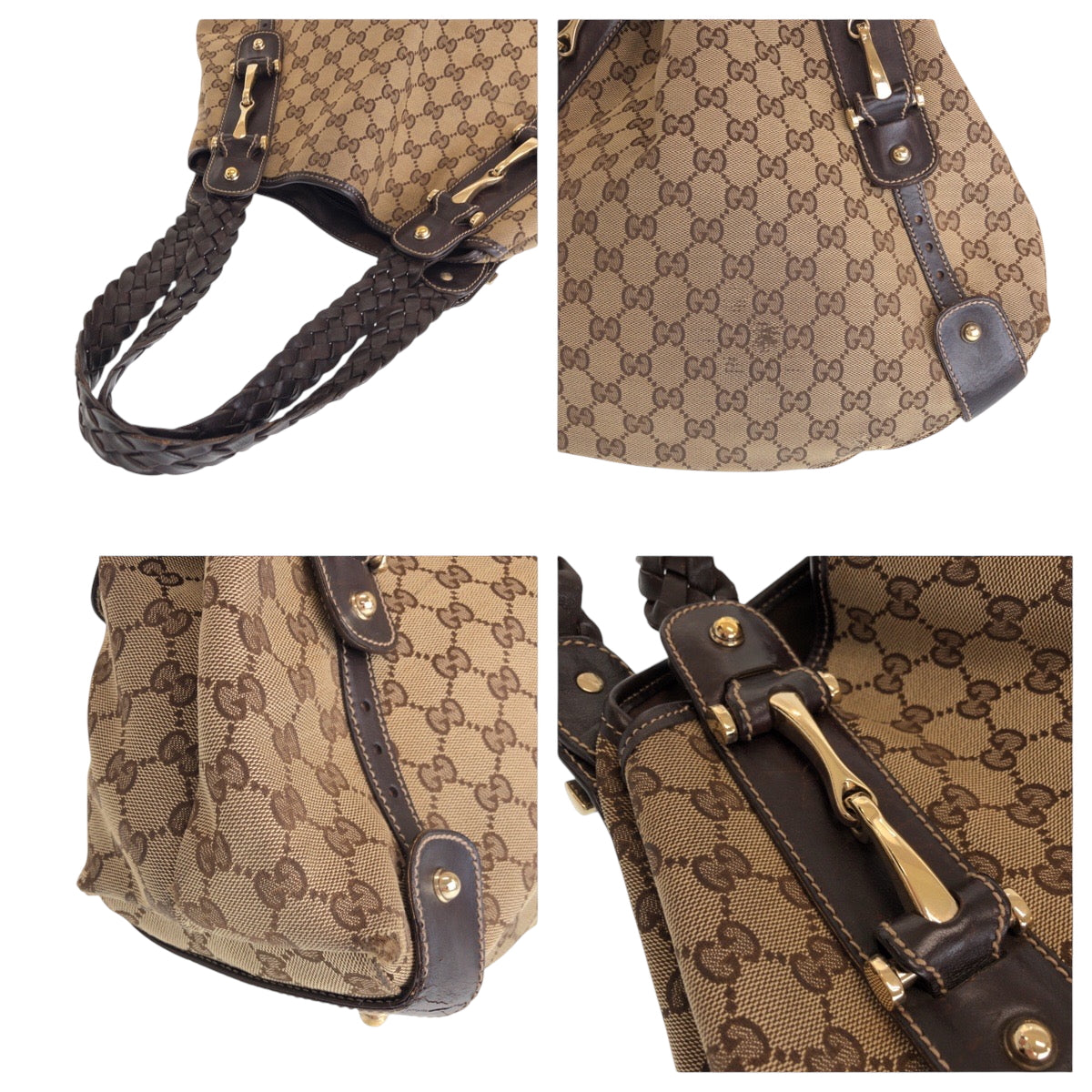 14347
GUCCI グッチ ホースビット ベージュ ブラウン ゴールド金具 キャンバス 137621 ホーボー トートバッグ ハンドバッグ  レディース