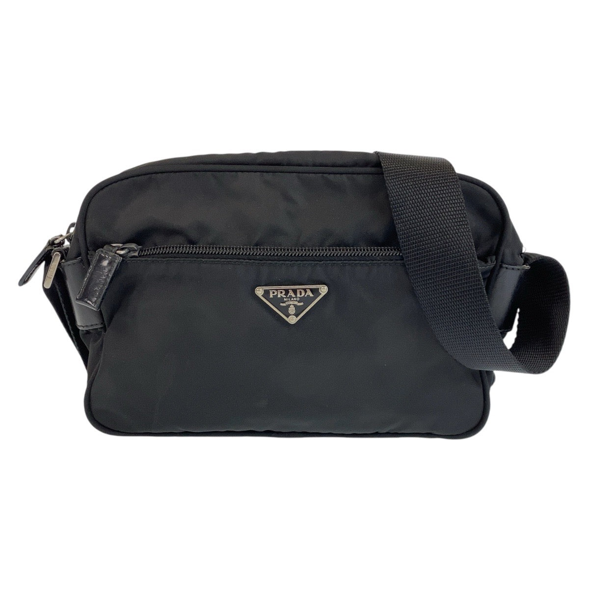 14359
PRADA プラダ テスート 三角ロゴプレート ブラック 黒 シルバー金具 ナイロン 斜め掛け ショルダーバッグ ポシェット  レディース