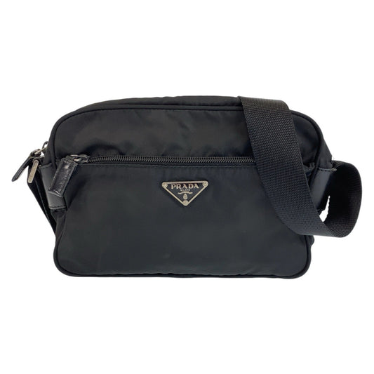 14359
PRADA プラダ テスート 三角ロゴプレート ブラック 黒 シルバー金具 ナイロン 斜め掛け ショルダーバッグ ポシェット  レディース