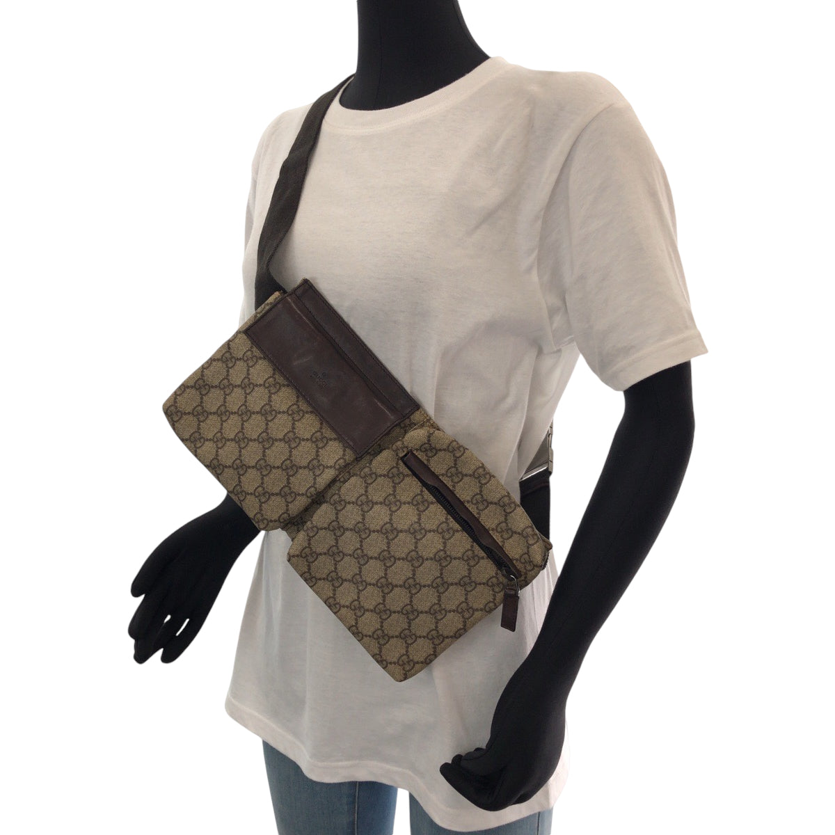 14363
GUCCI グッチ ブラウン ベージュ シルバー金具 GGスプリームキャンバス 23566 ボディバッグ ウエストポーチ バムバッグ  メンズ