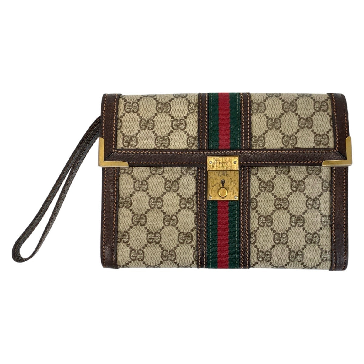 13875
GUCCI グッチ シェリーライン ベージュ ブラウン ゴールド金具 PVC / レザー クラッチバッグ セカンドバッグ  レディース