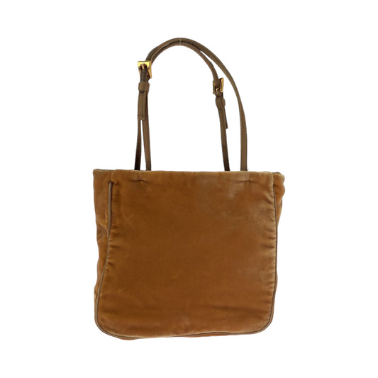 13877
PRADA プラダ 三角ロゴプレート ブラウン ゴールド金具 ベロア / レザー ハンドバッグ トートバッグ  レディース AB13