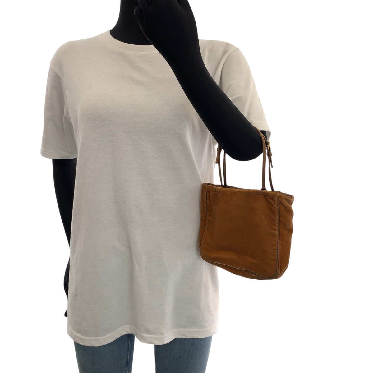 13877
PRADA プラダ 三角ロゴプレート ブラウン ゴールド金具 ベロア / レザー ハンドバッグ トートバッグ  レディース AB13