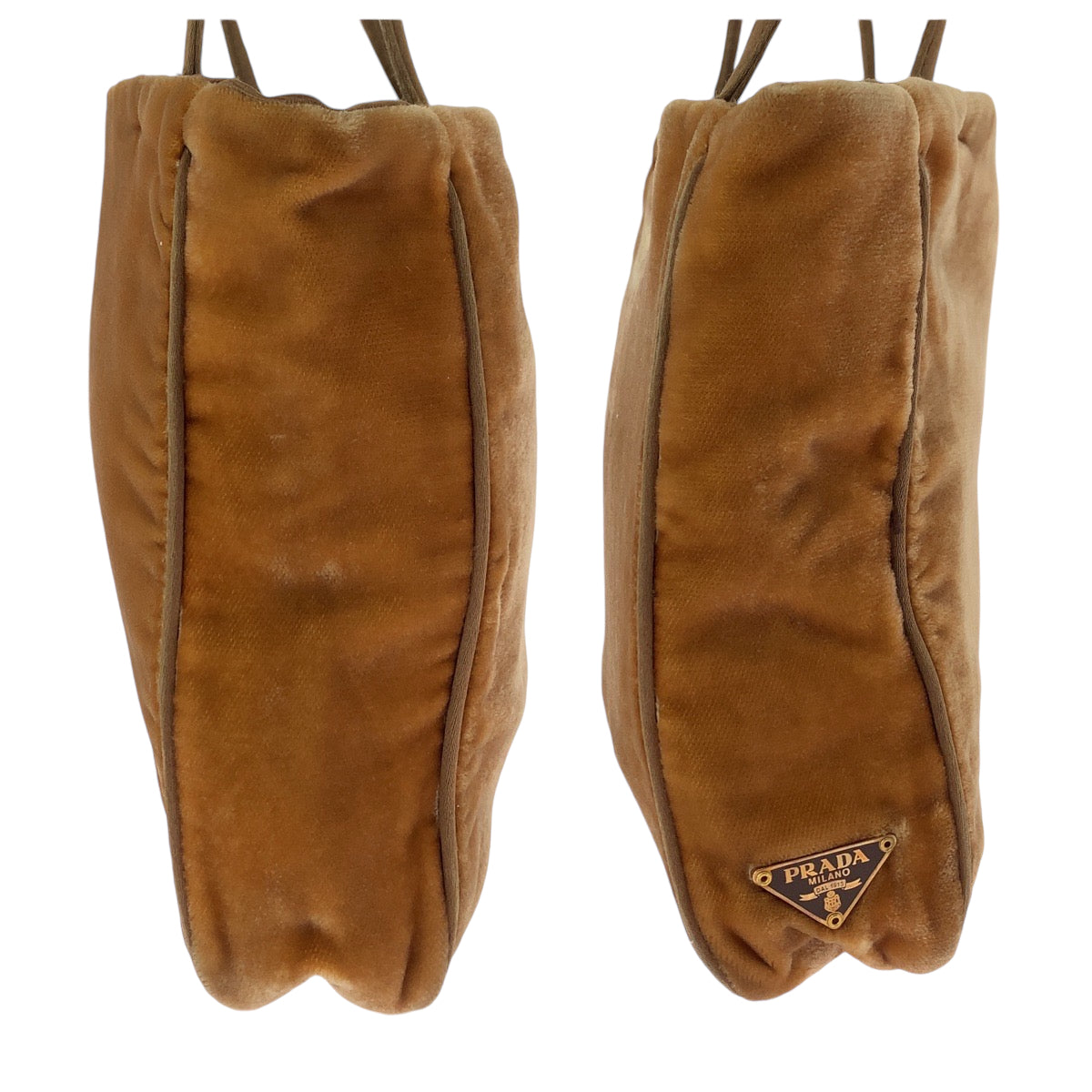 13877
PRADA プラダ 三角ロゴプレート ブラウン ゴールド金具 ベロア / レザー ハンドバッグ トートバッグ  レディース AB13