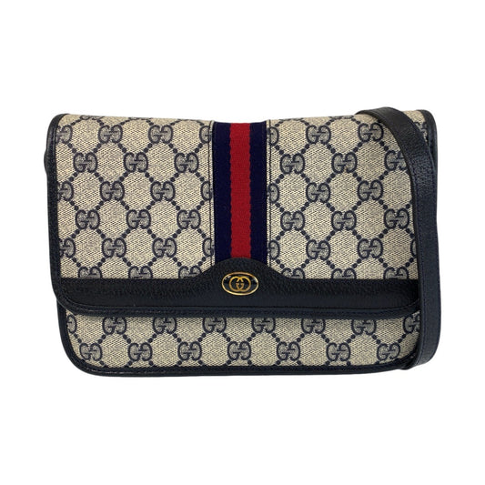 13878
GUCCI グッチ ヴィンテージ シェリーライン オールドグッチ グレー ネイビー ゴールド金具 PVC / レザー 66 001 4451 斜め掛け ショルダーバッグ ポシェット  レディース