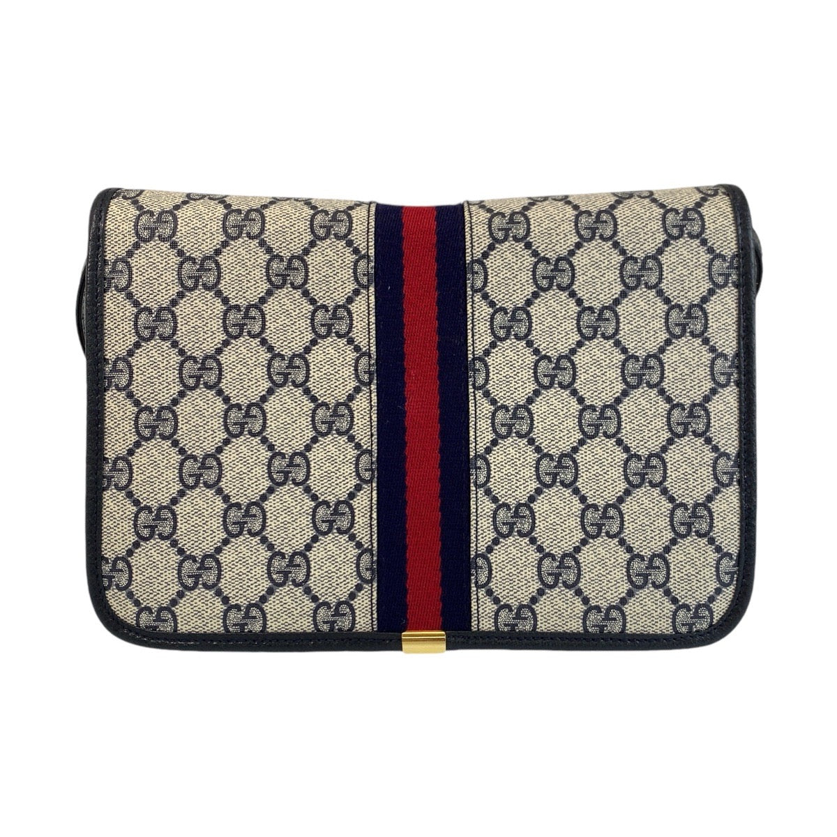 13878
GUCCI グッチ ヴィンテージ シェリーライン オールドグッチ グレー ネイビー ゴールド金具 PVC / レザー 66 001 4451 斜め掛け ショルダーバッグ ポシェット  レディース