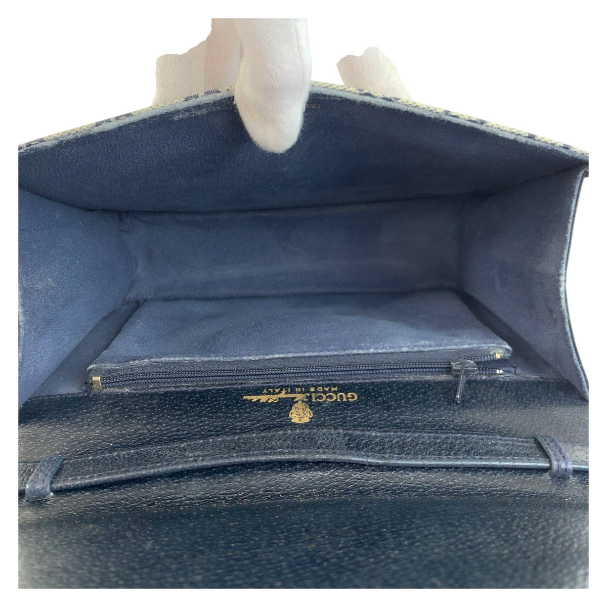 13878
GUCCI グッチ ヴィンテージ シェリーライン オールドグッチ グレー ネイビー ゴールド金具 PVC / レザー 66 001 4451 斜め掛け ショルダーバッグ ポシェット  レディース