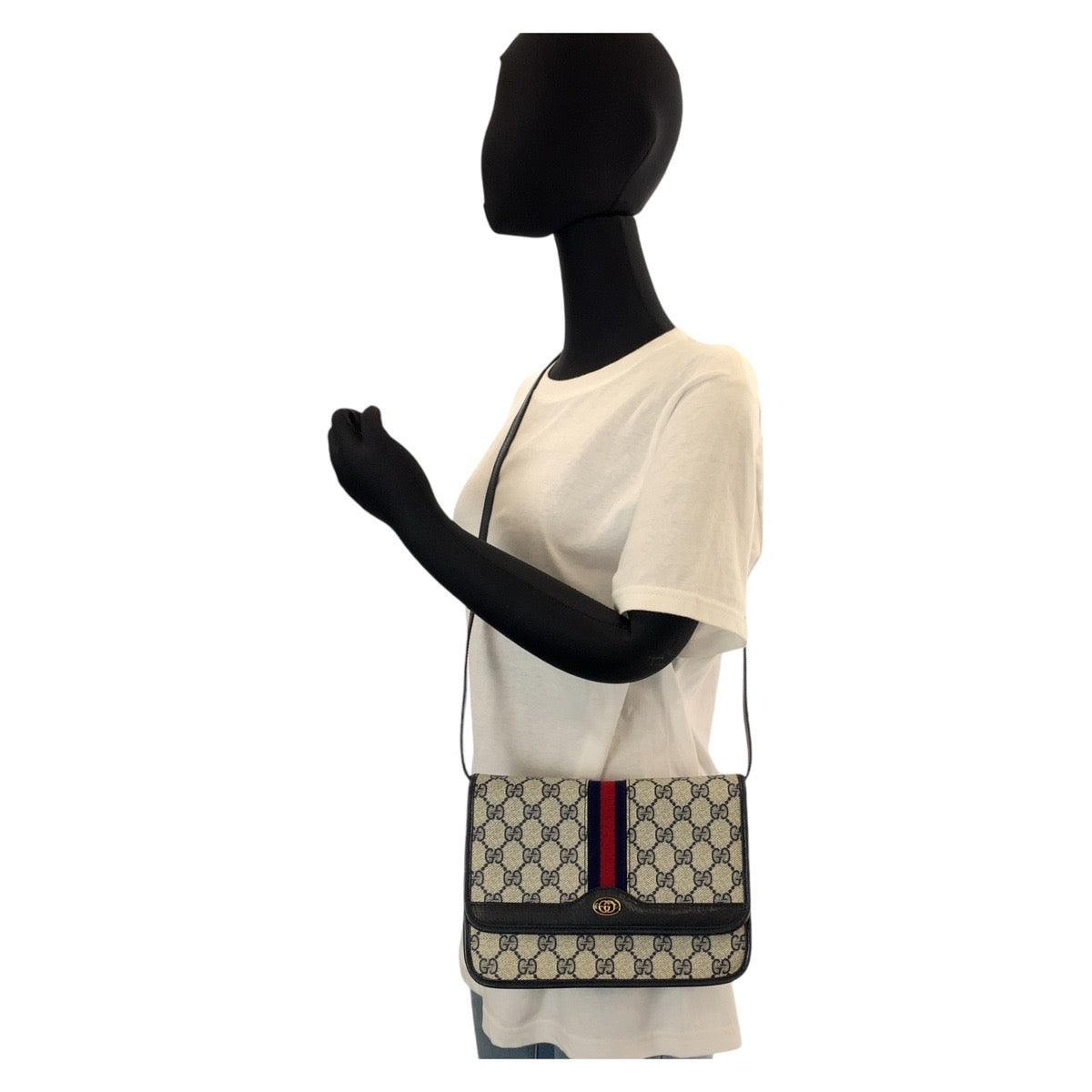 13878
GUCCI グッチ ヴィンテージ シェリーライン オールドグッチ グレー ネイビー ゴールド金具 PVC / レザー 66 001 4451 斜め掛け ショルダーバッグ ポシェット  レディース