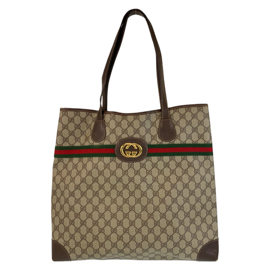 13879
GUCCI グッチ ヴィンテージ シェリーライン オールドグッチ ベージュ ブラウン ゴールド金具 PVC / レザー 002 123 0174 トートバッグ ショルダーバッグ  レディース