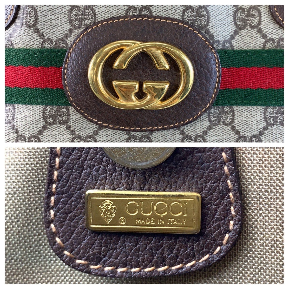13879
GUCCI グッチ ヴィンテージ シェリーライン オールドグッチ ベージュ ブラウン ゴールド金具 PVC / レザー 002 123 0174 トートバッグ ショルダーバッグ  レディース