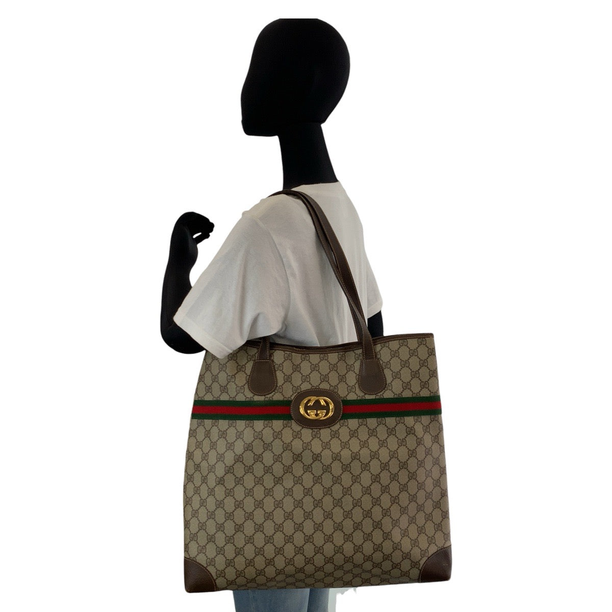 13879
GUCCI グッチ ヴィンテージ シェリーライン オールドグッチ ベージュ ブラウン ゴールド金具 PVC / レザー 002 123 0174 トートバッグ ショルダーバッグ  レディース