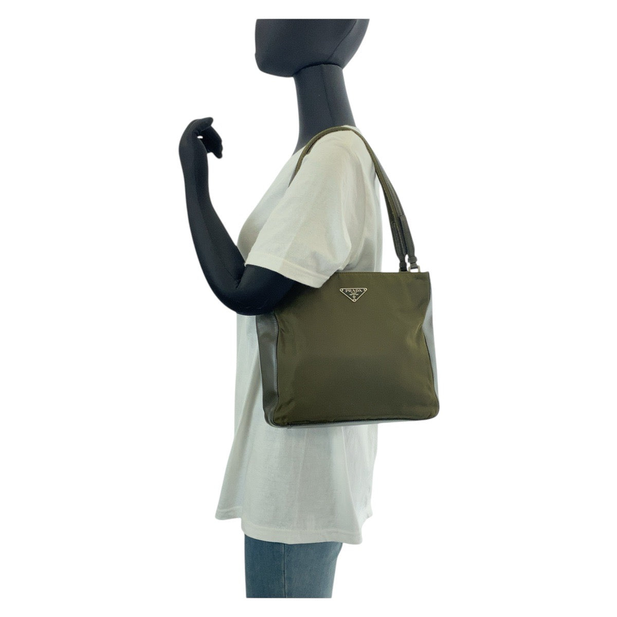 14370
PRADA プラダ テスート 三角ロゴプレート カーキ シルバー金具 ナイロン トートバッグ ショルダーバッグ  レディース