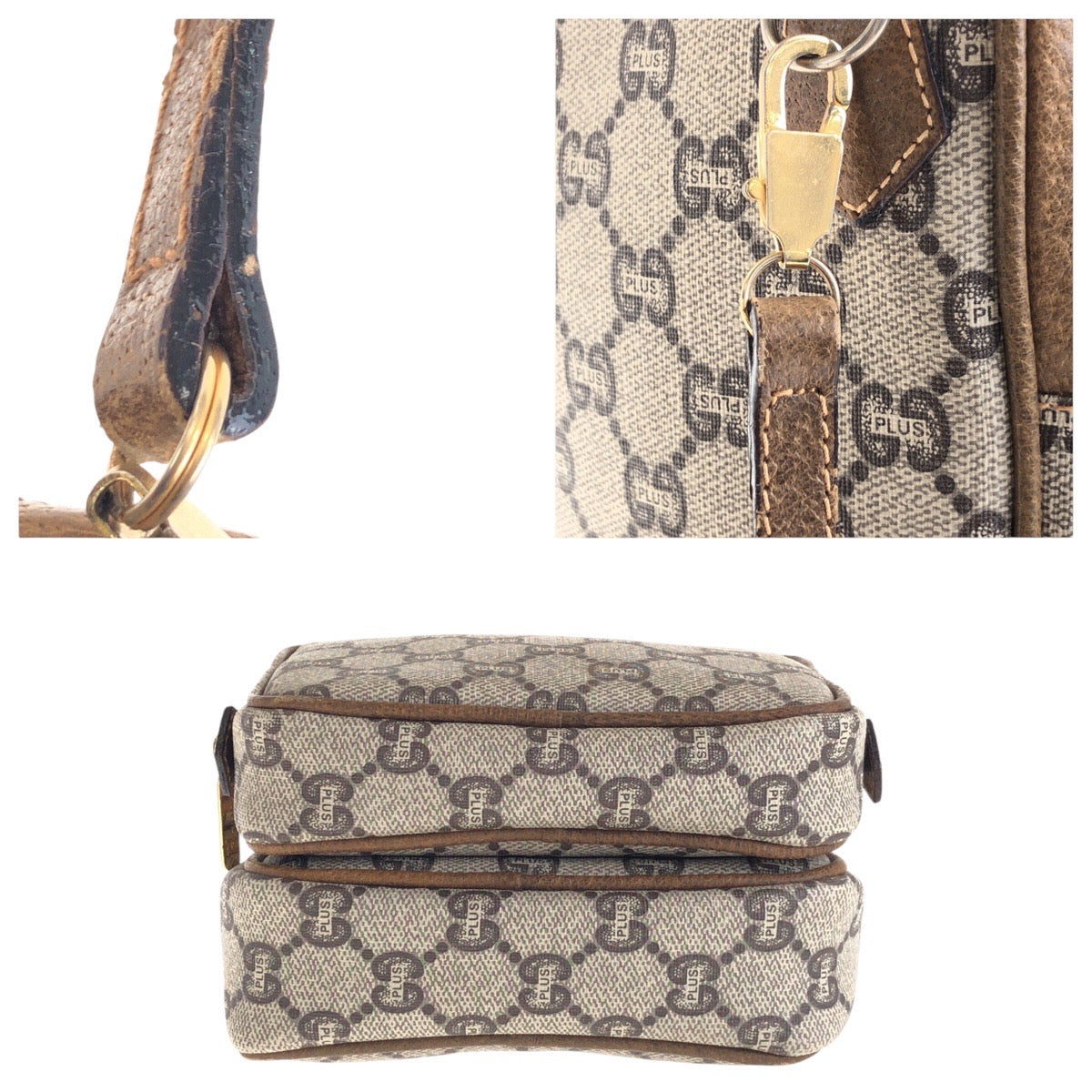 14371
GUCCI グッチ ヴィンテージ GUCCIプラス ベージュ ゴールド金具 GGスプリームキャンバス / レザー 斜め掛け ショルダーバッグ  レディース AB17